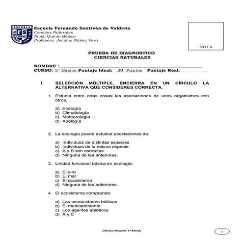 Diagnostico 5° ciencias