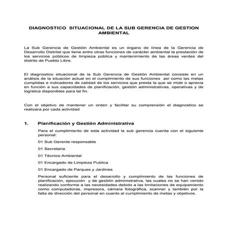 Diagnostico  situacional de la sub gerencia de gestion ambiental setiembre 2008