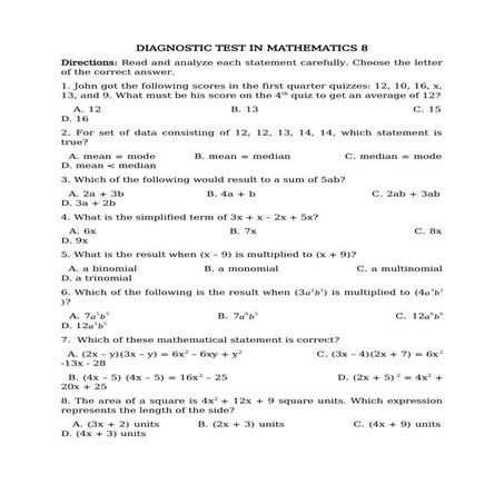 Diagnostic Test_G8 MATATAG curriculum 2025-2026
