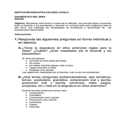 Diagnóstico del área inglés