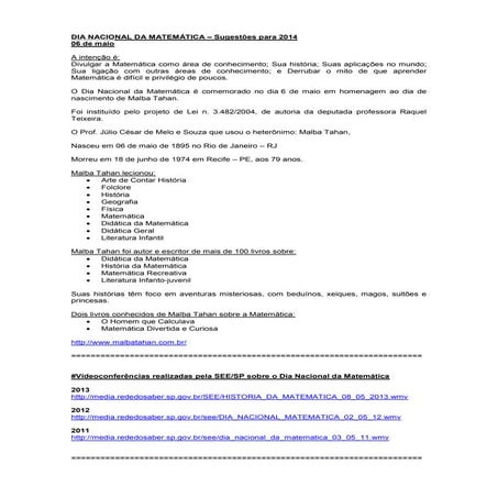 Dia nacional da matemática 2014   sugestões para 2014