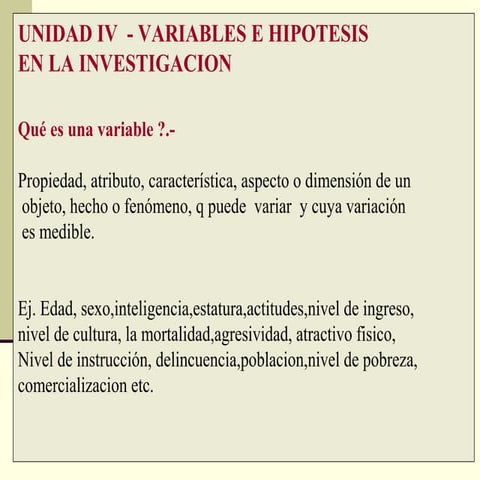 Diapositivas sobre las variables e hipótesis en la investigación