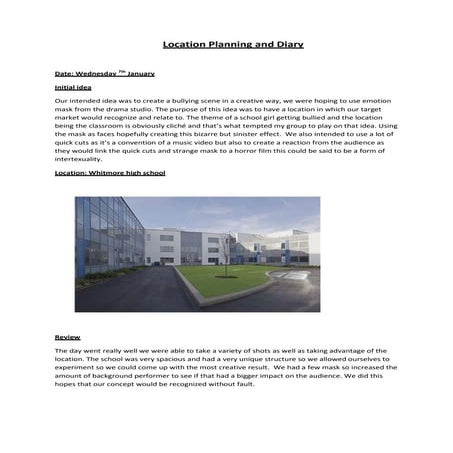 Diary of filming days