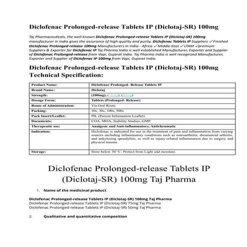 Diclofenac Prolonged-release Tablets IP (Diclotaj-SR) 100mg ...