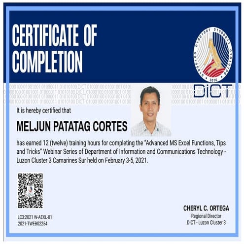 DICT CERTIFICATE COMPLETION ADVANCED EXCEL FUNCTION