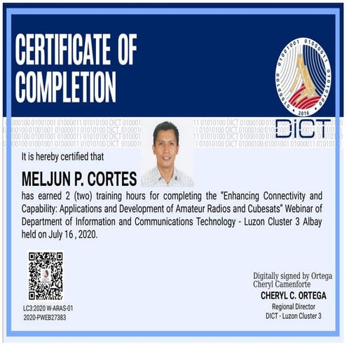 DICT CERTIFICATE COMPLETION Amateur Radios Cubesats