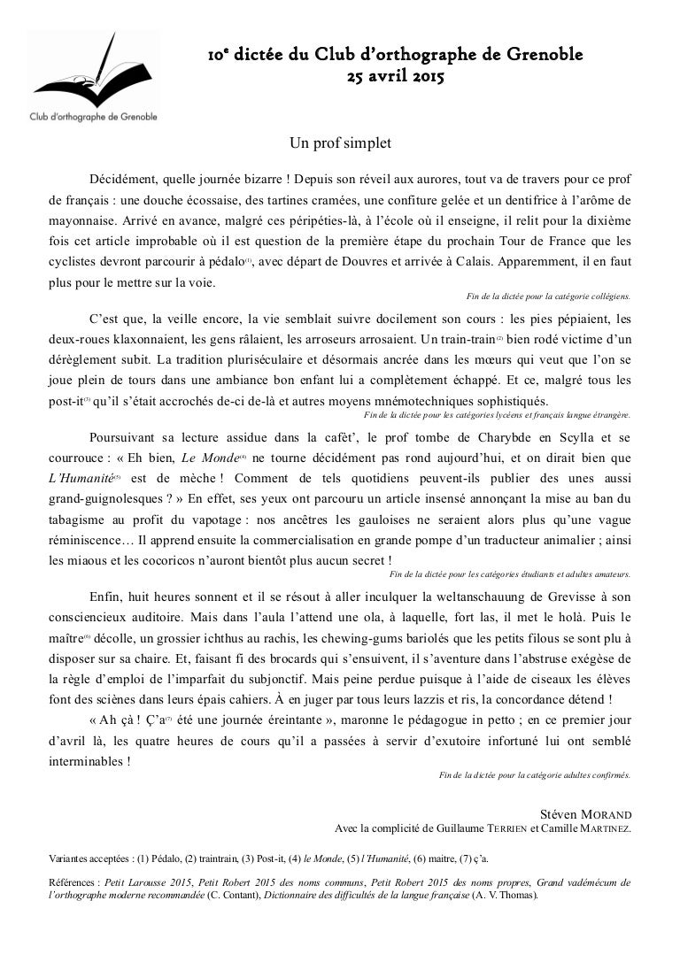 La Dictee 2015 Du Club D Orthographe De Grenoble