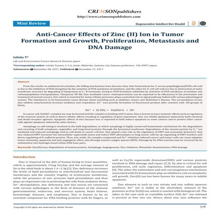 Anti-Cancer Effects of Zinc (II) Ion in Tumor Formation and Growth ...