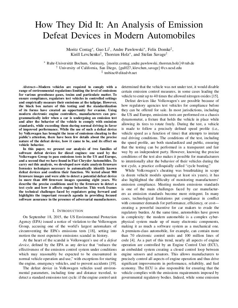 How They Did It An Analysis Of Emission Defeat Devices In Modern Aut