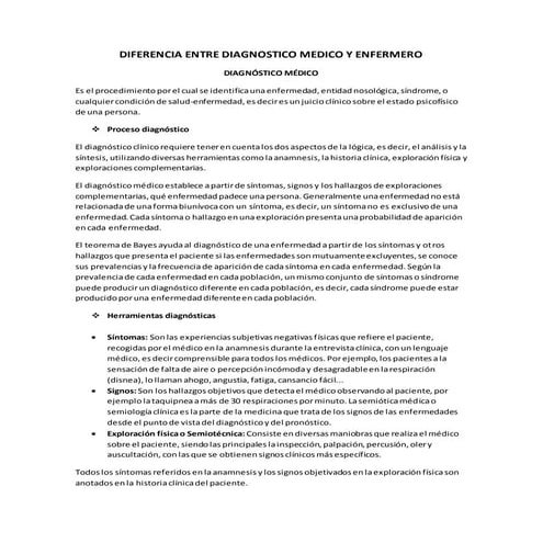 Diferencia entre diagnostico medico y enfermero