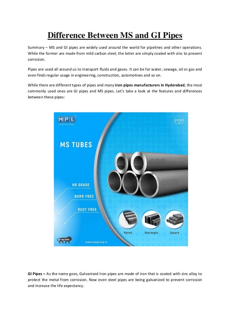 Difference between ms and gi pipes