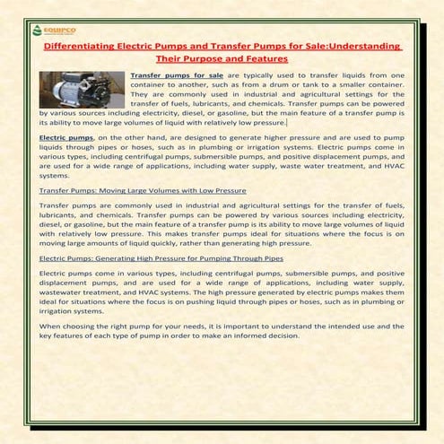 Differentiating Electric Pumps and Transfer Pumps for Sale Understanding Thei...