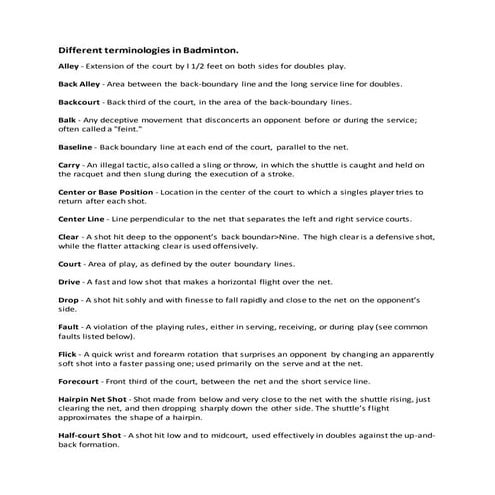 Different terminologies in badminton