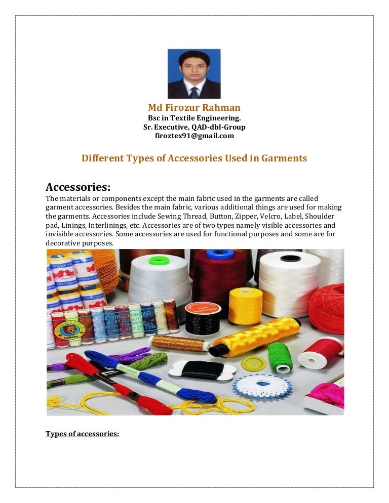 Different types of accessories used in garments