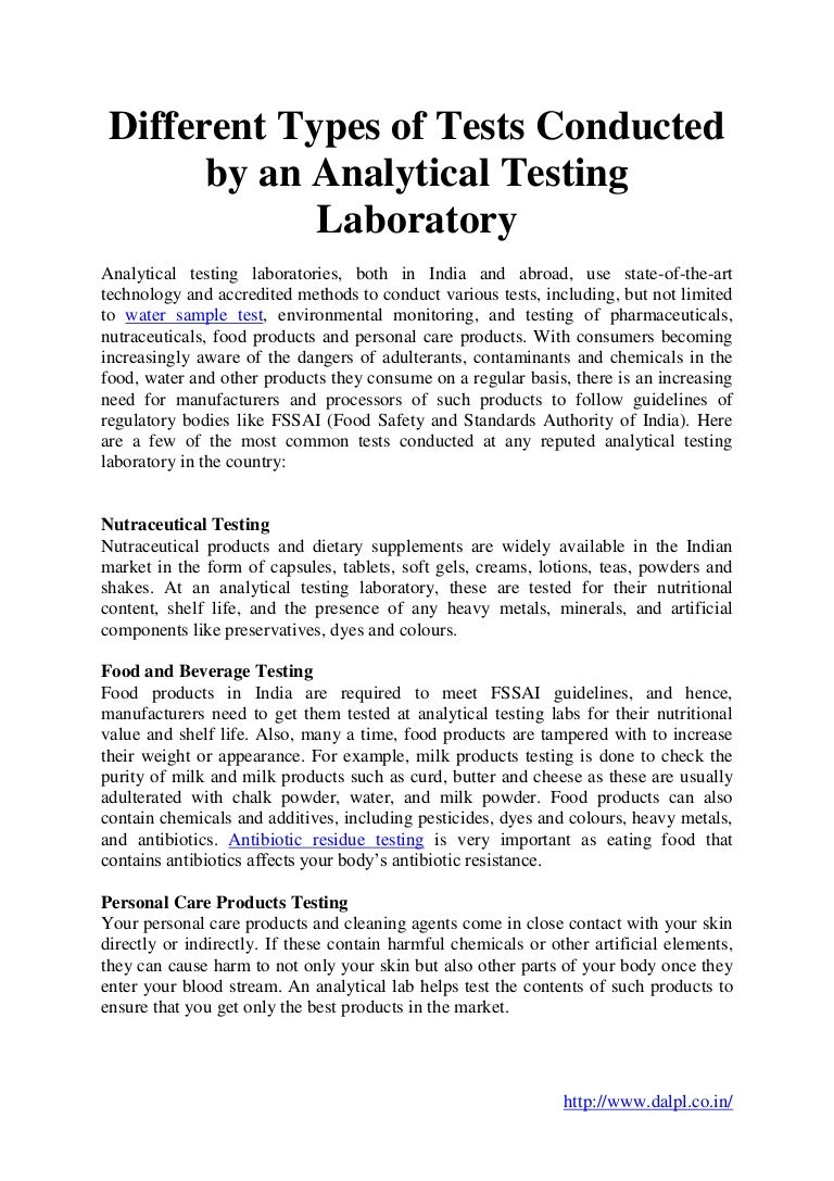 Different types of tests conducted by an analytical testing laboratory