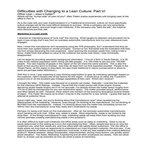 Difficulties With Changing To A Lean Culture Part 06 By Mike Thelen