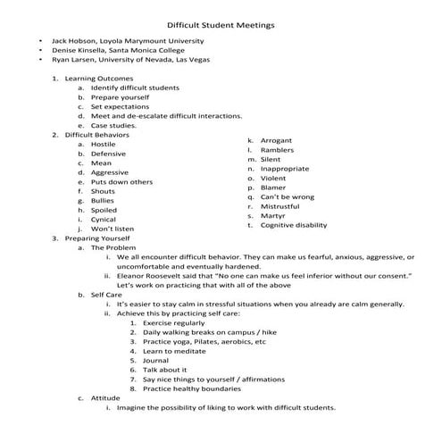 Difficult student meetings outline