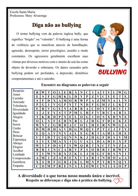 Bullying - Atividade com caça- palavras | PDF