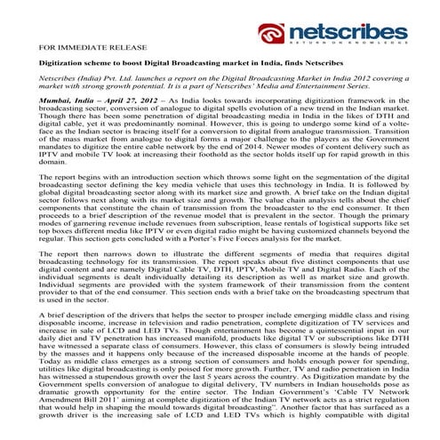 Market Research Report :  Digital Broadcasting market in India 2012