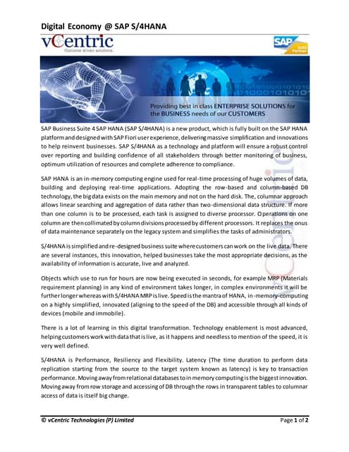 Digital economy with the speed of s4 hana
