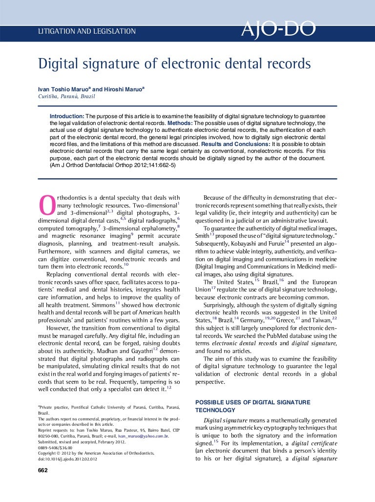 Digital signature of electronic dental records