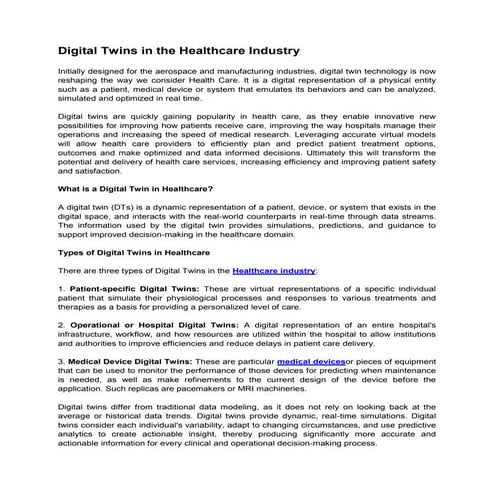 4 Applications of Digital Twin in Healthcare | PDF