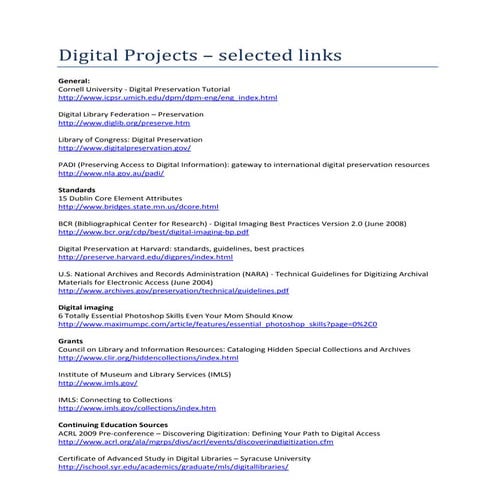 Selected sites on digital projects 