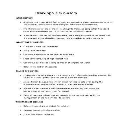 REVIVAL OF A SICK NURSERY