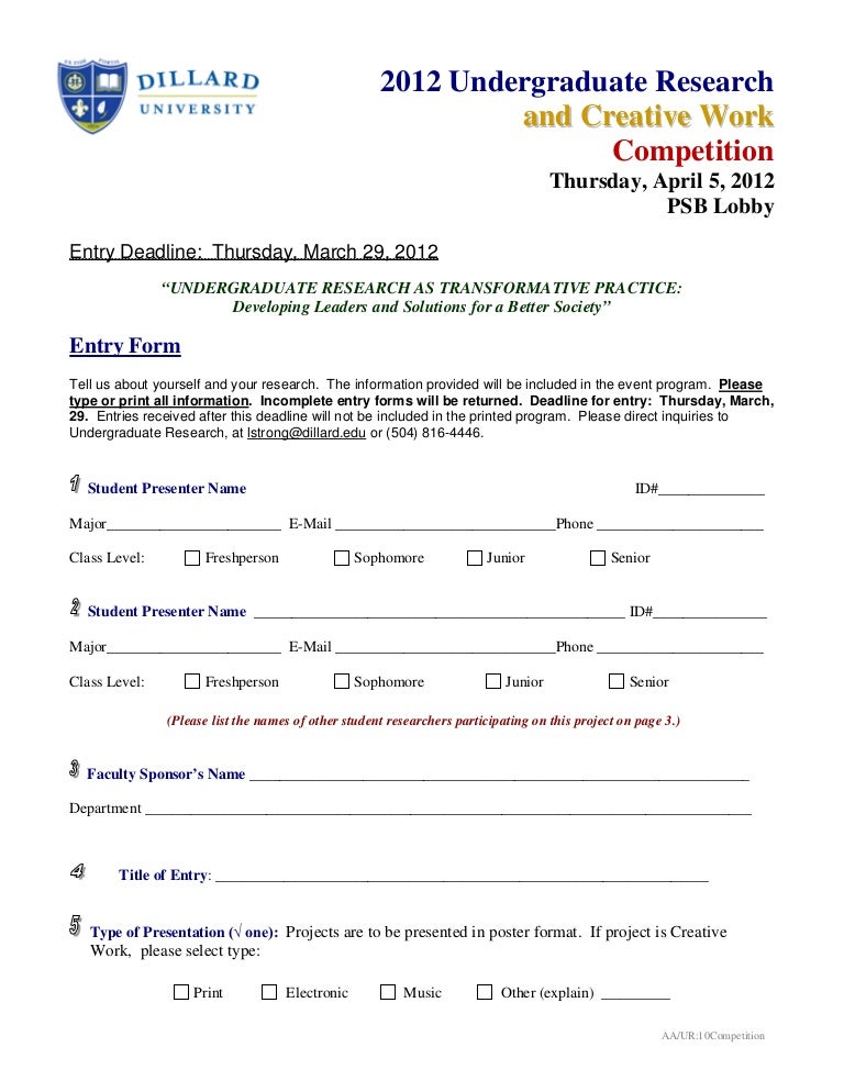 Dillard University 2012 Competition Entry Form Undergraduate Research…