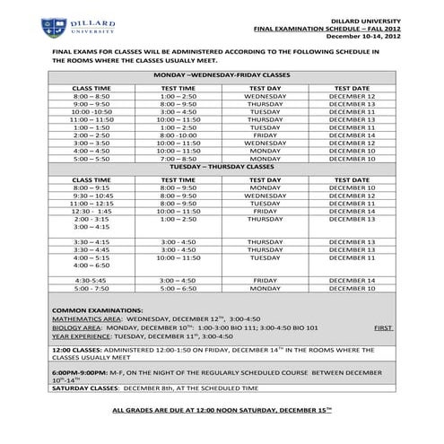 Dillard University Final Exam Schedule Fall 2012 rev.2