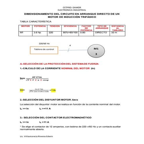 Dimensionamiento del circuito en arranque  directo
