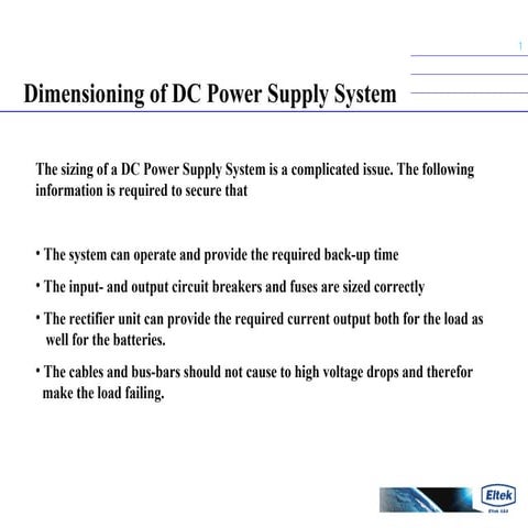 Dimensioning Of Dc Power Systems