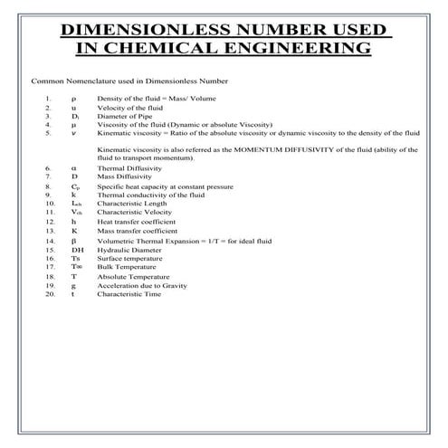 Dimensionless number in chemical engineering 