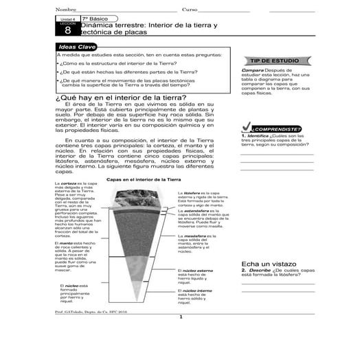 Dinámica terrestre  interior de la tierra y  tectónica de placas. Guía para 7º básico