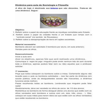 Dinâmica para aula de sociologia e filosofia