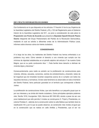 Dinorah Pizano. Punto de acuerdo. Construcciones irregulares DF