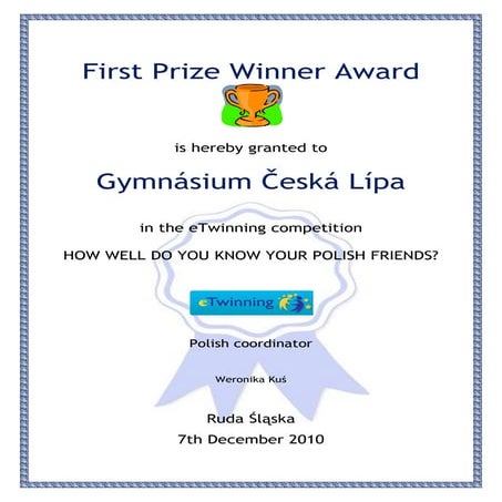 Diploma for the Czech group