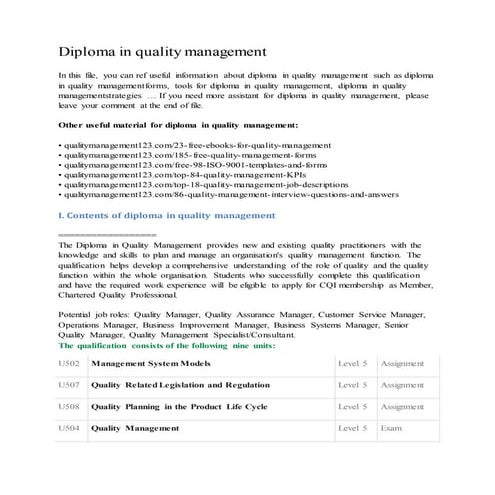 Diploma in quality management