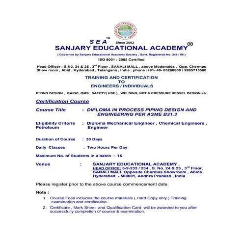 Diploma Piping Design Course