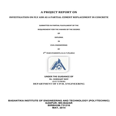 INVESTIGATION ON FLY ASH AS A PARTIAL CEMENT REPLACEMENT IN CONCRETE | PDF
