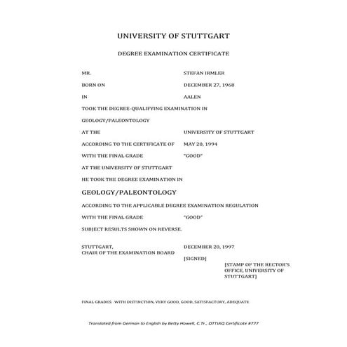 Degree Examination Certificate in Geology/Paleontology