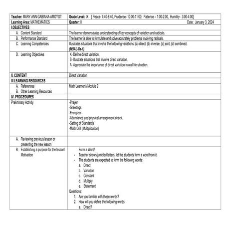 direct variation lesson plan quarter 2 math 9