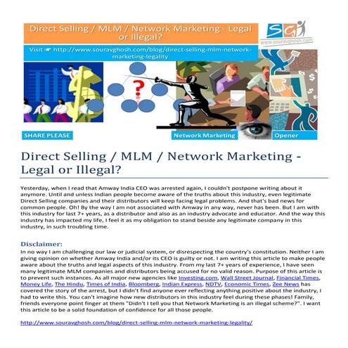 Direct Selling / MLM / Network Marketing - Legal or Illegal?