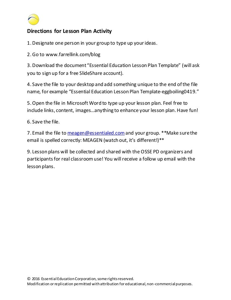 Directions for Lesson Plan Activity