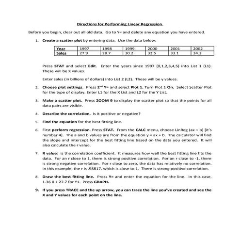 Directions For Performing Linear Regression