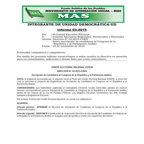 Directiva 03 de inscripción de candidatos al Congreso de la República y al Pa...