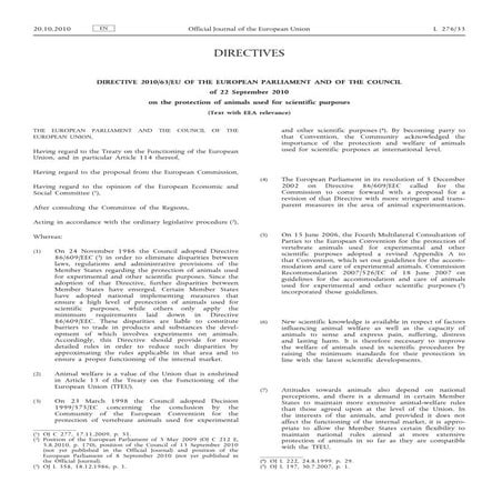 DIRECTIVE 2010/63/EU OF THE EUROPEAN PARLIAMENT AND OF THE COUNCIL