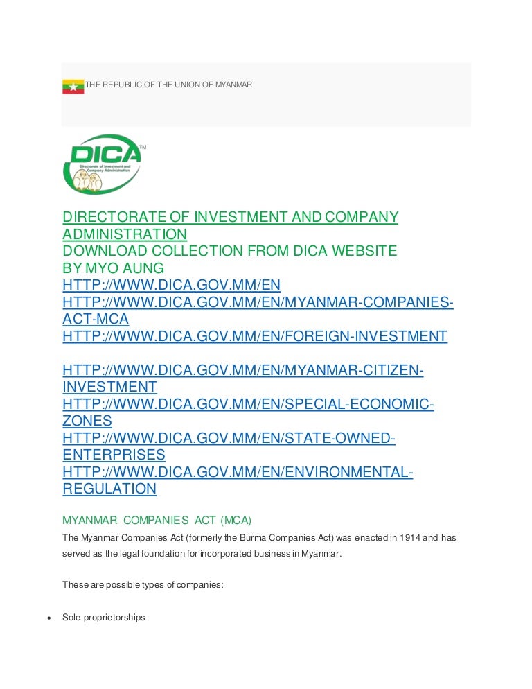 DIRECTORATE OF INVESTMENT AND COMPANY ADMINISTRATION MYANMAR DOWNLOA…