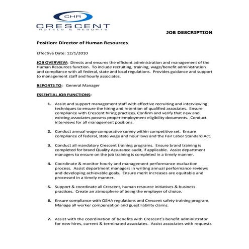Director of Human Resources - Crowne Plaza Melbourne Oceanfront | PDF