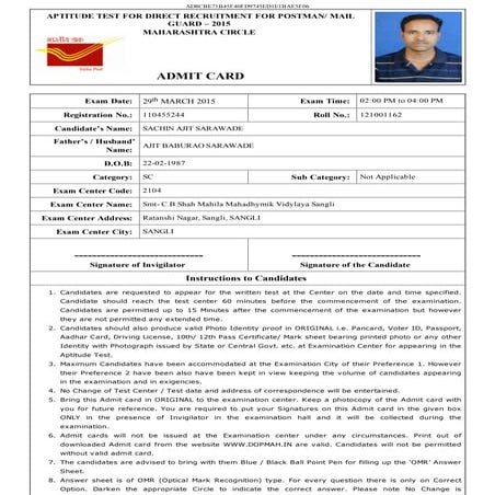 Post Office Admit Card 2015 - Colab